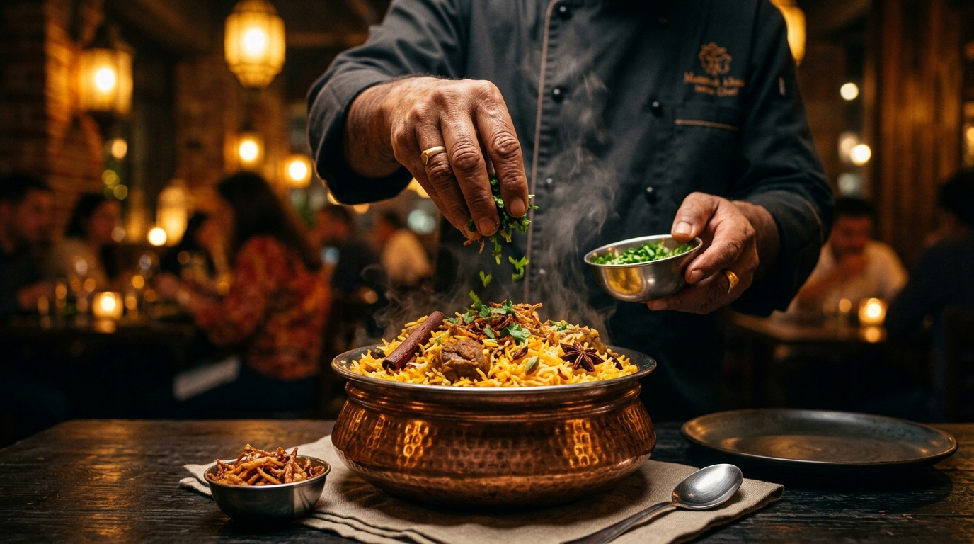 Master chef garnishing aromatic dum biryani in a traditional copper handi at Ultra Star Biryani